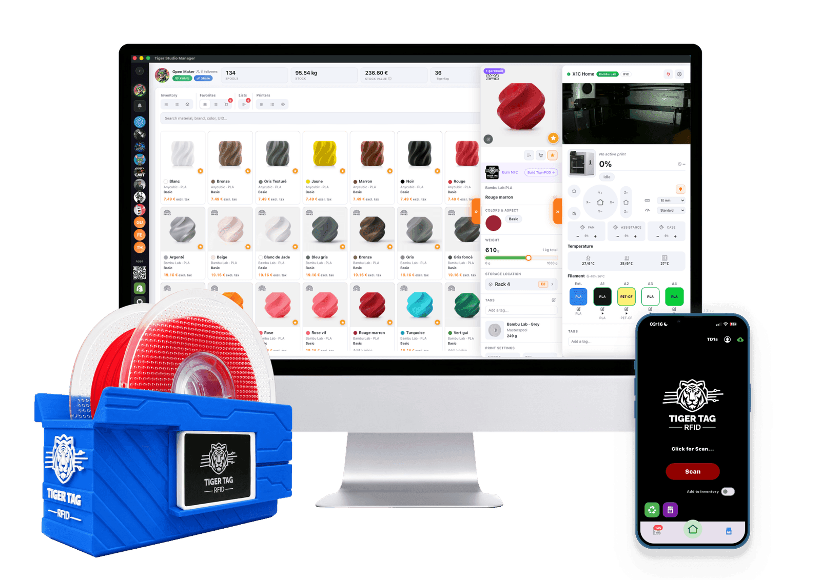 The mobile app scanning a spool next to Tiger Studio